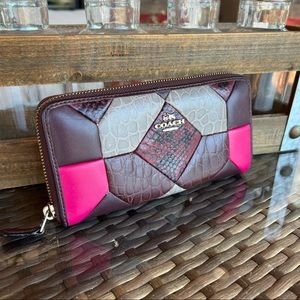 Coach Quilted Large Accordion Zip Wallet Oxblood Exotic Leather